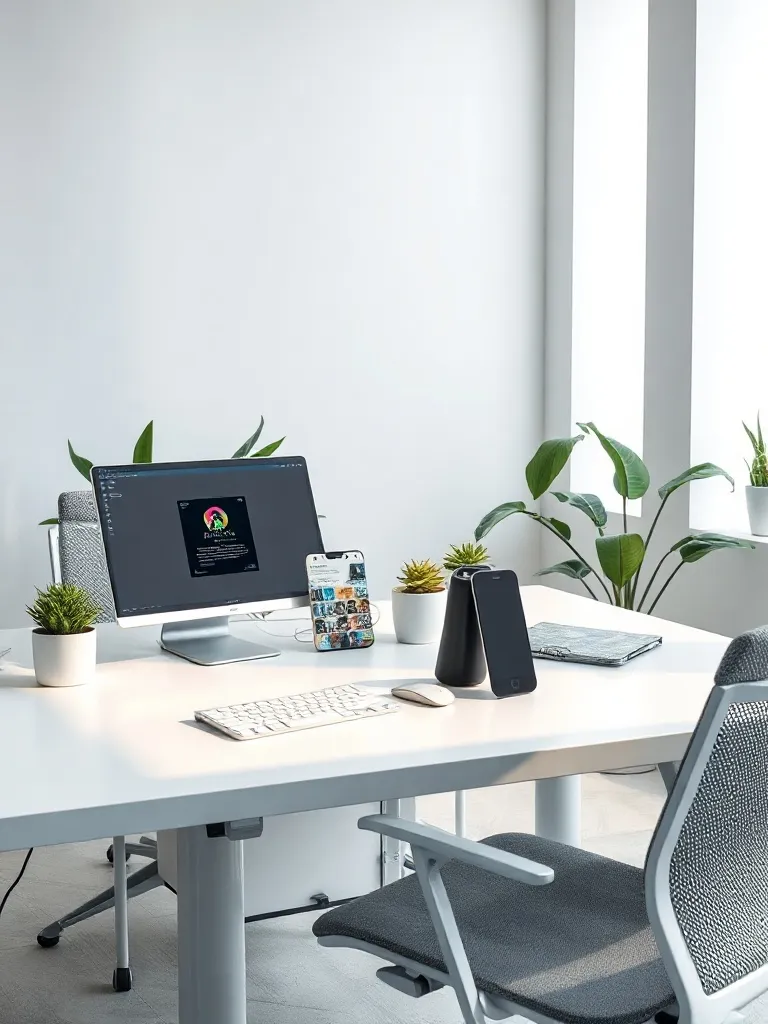 High-tech office workspace with clean desk, professional lap