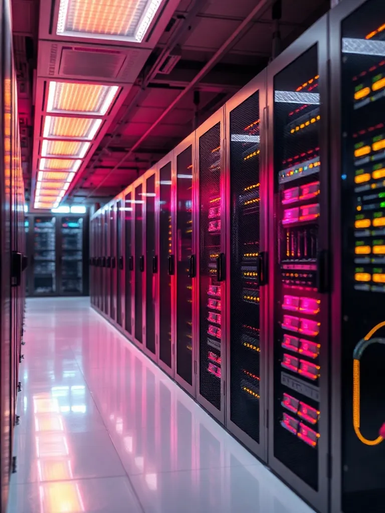 High-tech server room with glowing golden and pink lights, p